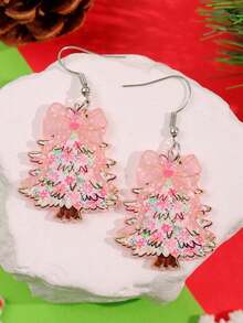 1 Pair Cute, Elegant, Minimalist, Pink Floral Christmas Tree Earrings, Suitable For Holiday Parties, Christmas Earrings For Jewelry Women, Elegant & Fashion Fairy  Accessories, Christmas Decoration - 多色1 - 查看 2