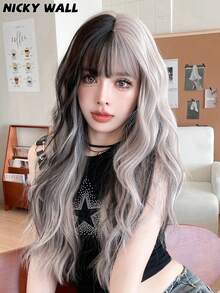 NICKY WALL 长款银灰色波浪假发，刘海挑染，黑色带粉色波浪卷发，分叉染色假发，合成时尚高密度耐热纤维假发，适合女士和女孩日常派对角色扮演圣诞节使用，26 英寸 - 挑染粉色 - 查看 5
