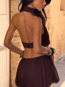 Womens Cream Halter Neck Crop Top  Mini Culottes Set - Lightweight Gauze Fabric Stylish Design, Perfect For Beach, Poolside, Or Casual Outings - 棕色 - 查看 3