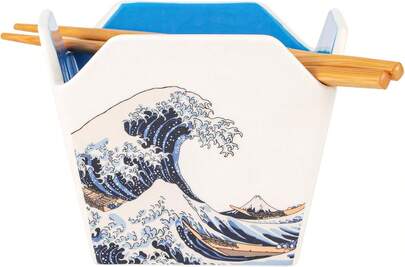 Chinese Takeout Box Style Porcelain Bowl With Chopsticks 18 Fl Oz Square Box Shape Rice Noodles Pasta To Go Box Shaped Bowl Microwave Dishwasher  (Great Wave),26646641