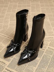 2025秋冬新款女士优雅欧美朋克街头风黑色靴子，秋季粗跟高跟尖头女士踝靴，时尚 - 黑色 - 查看 2