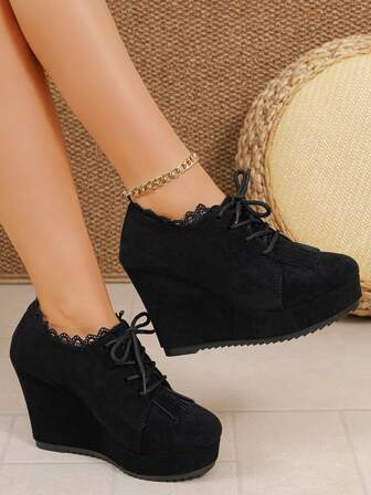 Zapatos casuales con plataforma y cordones de moda, nuevos zapatos de cuña con suela gruesa, sencillos para primavera/otoño, para exterior, tallas grandes para mujeres con tacón alto