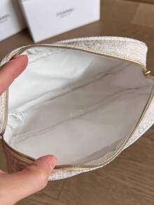 CHANEL Materiel Beige Fabric Makeup Pouch With Gold Embroidered Logo, Makeup Bag, Zippered Travel Cosmetic Bag - Platinum - View 9