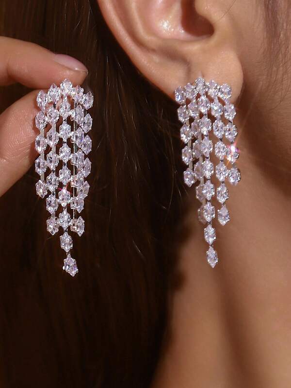 زوج من الأقراط المرصعة بالكريستال والزركونيا متعددة الطبقات بتصميم هندسي مع شرابات، أقراط معلقة مرصعة بالراين للسهرات والاستخدام اليومي، أقراط لامعة