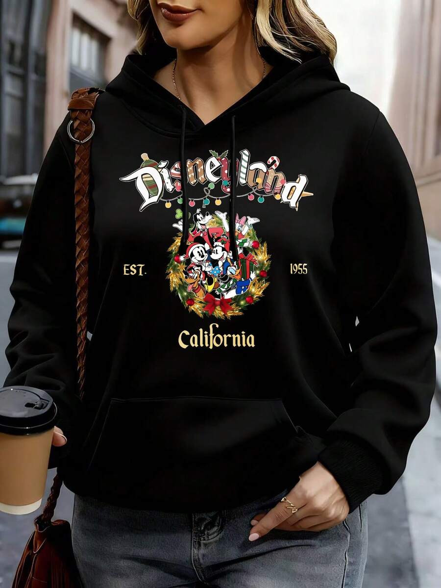 Disney Hoodie White Disneyland California Mickey Minnie Donald Goofy Christmas Wreath Print Casual Outwear For Women And Girls - Black - View 1