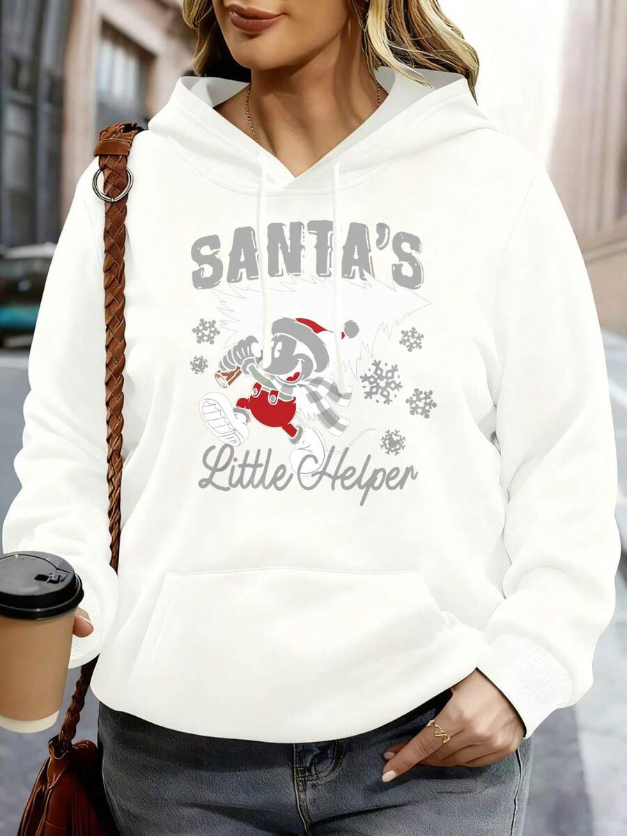 Disney Women Hoodie White Santa's Little Helper Mickey Mouse Christmas Snowflake Print Casual Winter Holiday Sweatshirt - 白色 - 查看 1