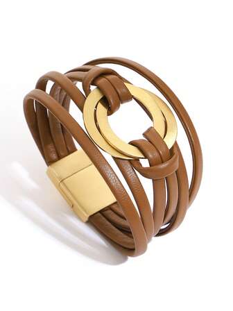 1pc Double Loop PU Leather Bracelet Hypoallergenic & Tarnish-Resistant Stackable Jewelry For Women, Daily/Party/Summer Travel Essentials, Perfect Gift For Birthday/Christmas/Valentine's/Mother's Day (Gifts For Girlfriend/Mom)