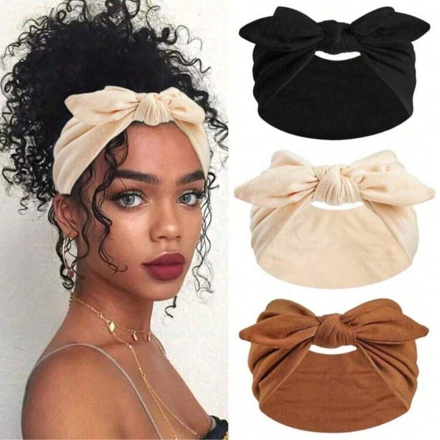 Women Bow Rabbit Ear Headbands, Boho Style Extra Wide Cute Rabbit Ear Knotted Headbands, Halloween Headpiece, Fall, Women Headwrap, Elastic Solid Bow Hair Accessories, Suitable For Fitness/Yoga/Sports/Outdoor, Solid Color Casual Headbands, All Season Winter Scarf - 彩色 - 查看 1