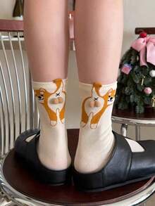 3 Pairs Random Puppy & Egg Design Cute Sweet Girl Street Fashion Mid-Calf Socks - Multicolor - View 22