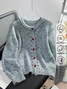 JIANHU Holiday Touch Knitted Cardigan With Contrast Stitch | Warm And Versatile For Christmas, New Year Party & Daily Outfits - Grey - View 2