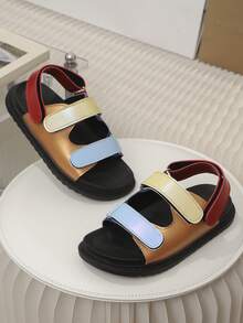 1 Pair Candy Color Thick Sole Hook & Loop Beach Sandals, Kids Open Toe Sandals, Baby Soft Bottom Shoes, Color Block Hook & Loop Decor, PU Material, Easy To Match Flat Heel, Outdoor Fashion Casual Shoes For Summer - Orange - View 3