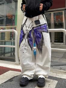 1件美式街头风男士手绘阔腿牛仔裤，宽松百搭休闲牛仔裤（不含腰带和配饰） - 白色 - 查看 5