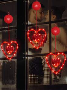 Bộ 3 đèn trang trí cửa sổ ngày lễ tình nhân kèm hẹn giờ và pin, đèn LED treo hình trái tim phát sáng màu đỏ, đế hút, hoàn hảo cho đồ trang trí ngày lễ năm 2026 cho cửa sổ lò sưởi và nội thất phòng - Nhiều màu - Xem 2