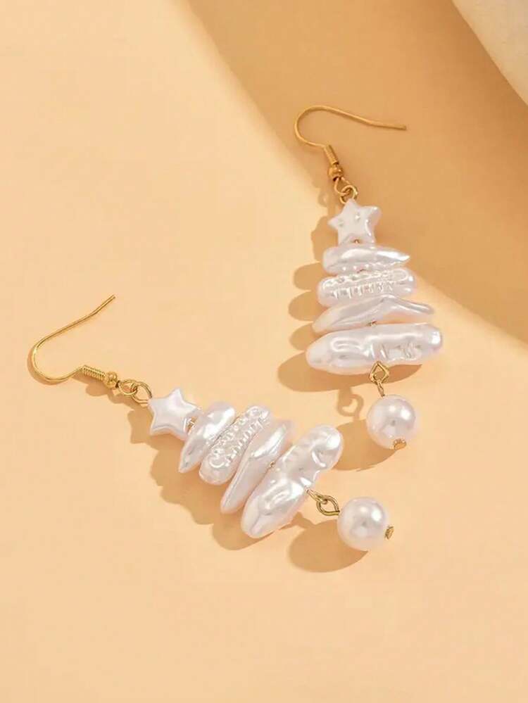 1 Pair Shaped Baroque Faux Pearl Earrings With Christmas Tree Shape And Pentagonal Star Earrings, Suitable For Girls To Wear At Christmas Parties - White - View 2