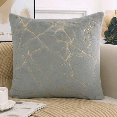 Set Of 2 Luxury Soft Warm Faux Fur Cushions With Gold Metallic Marble Design - 43x43cm Sofa Pillows