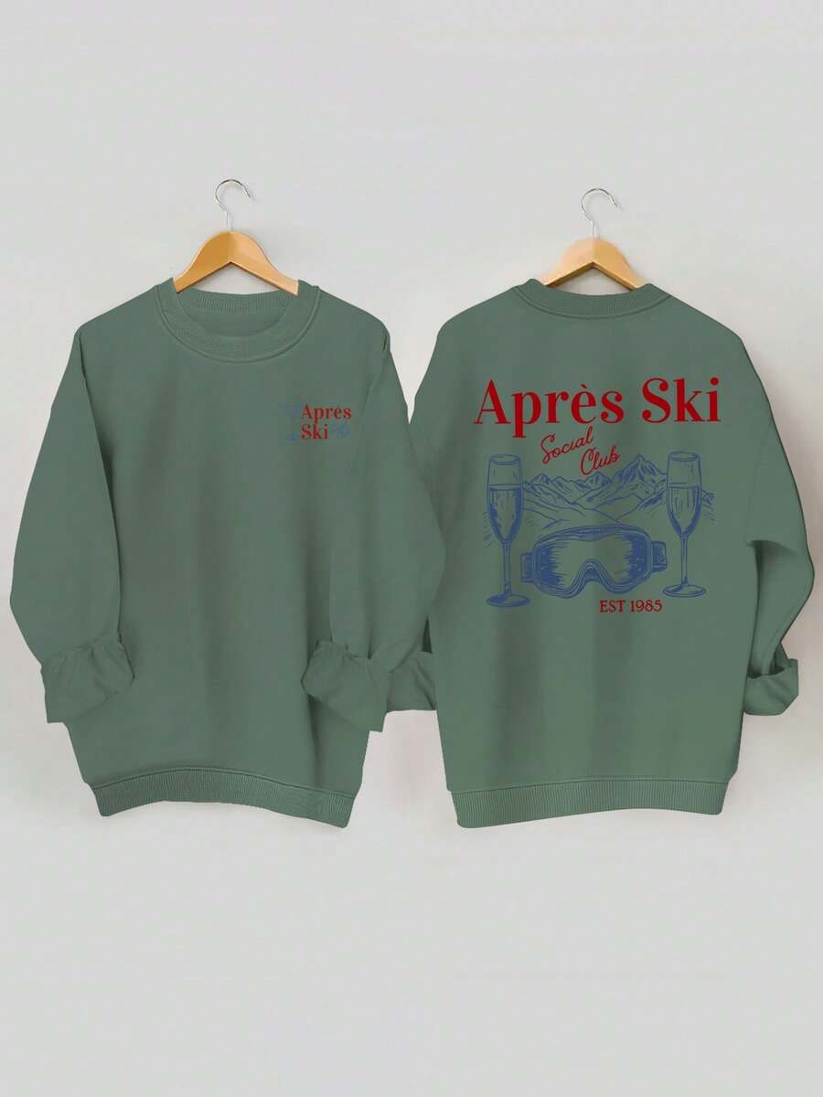 Autumn Winter Season Sweatshirt With Letter Code Fashion Front And Back Print Sports Shirt, Spring Autumn Round Neck Casual Sports Shirt, Women's Clothing, Women's Clothing With Code Winter Clothes For Women, Christmas Gifts - 橄欖綠 - 查看 1