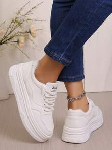 1 Pair Thick Sole Solid White Casual Sneakers, Suitable For All Seasons - Beige - View 7