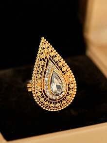 1 件复古奢华红蓝梨形切割方晶锆石宽面女士戒指，镀金镂空指环，适合派对、宴会、婚礼、节日装饰，设计精致的优雅配饰，高贵的珠宝礼物