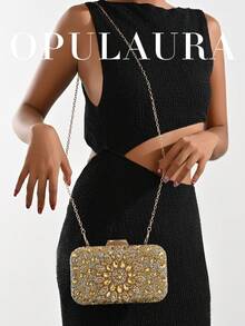 Bolso de mano de lujo para mujer OpulAura, con caja mini brillante con diamantes de imitación en color dorado, bolso de noche con brillo para ocasiones formales, bolso de fiesta/boda/gala de moda con cadena