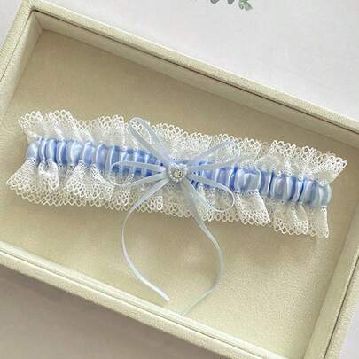 Liga de encaje de estilo europeo y americano de color azul marino con adorno de corazón de strass y anillo de pierna de encaje, accesorio nupcial y de boda, lindo regalo para el Día de San Valentín