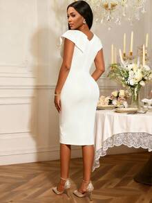 Women Valentine White Cap Sleeve Asymmetrical Ruffle Bodycon Dress With Button Elegant Spring Wedding Guest Cocktail Party - White - View 2