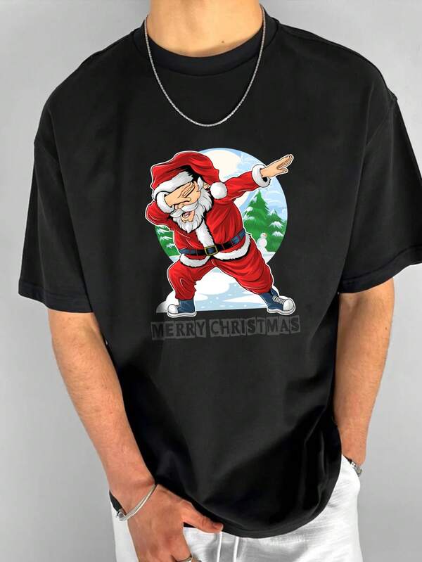 Camiseta de manga corta con cuello redondo y gráfico de Papá Noel, talla grande, adecuada para la calle, al aire libre, días festivos, viajes diarios, versátil