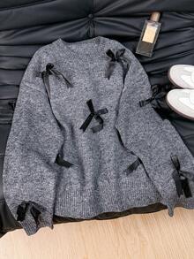 EAVA 复古设计懒人风手工蝴蝶结宽松针织毛衣女款毛衣，可爱优雅风格 - 灰色 - 查看 9