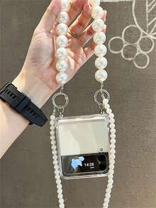 New Stylish Pearl Crossbody Shoulder Strap Chain Lanyard Folding Phone Case Compatible With Samsung Galaxy Z Flip7 Flip6 Flip5 Z Flip 4 3 Luxury Anti-Drop Protect Clear Back Cover - Clear - View 7
