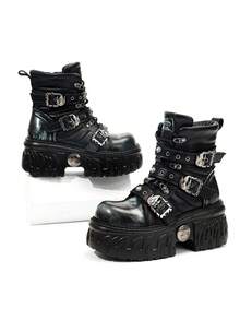 Autumn/Winter Gothic Cyberpunk Style Lace-Up Platform Boots, Retro Fashion Thick Sole Shoes For Women - Dark Blue - View 7