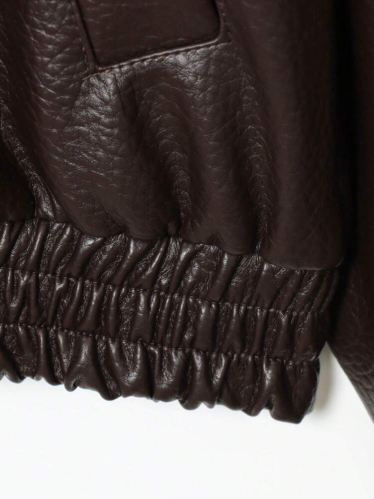 SHEIN x Luisa Sonza Seelio Autumn/Winter New Women's Fashion Leather Jacket, Minimalist European Style, Versatile Litchi Texture - Brown - View 10