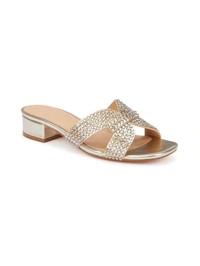 Truffle Collection Women's Slip On Sandals In Gold Diamantes - Size UK 3-8 / EU 36-41 / US 5-10 - Shipped Directly From The UK - Delivery In 3-5 Days! - Ladies Low Heel Summer Dress Sandals With Sparkling Crystal Finish, Comfortable Fit, Ideal For Wedding Guest Outfits, Party Looks Or Holiday Wear