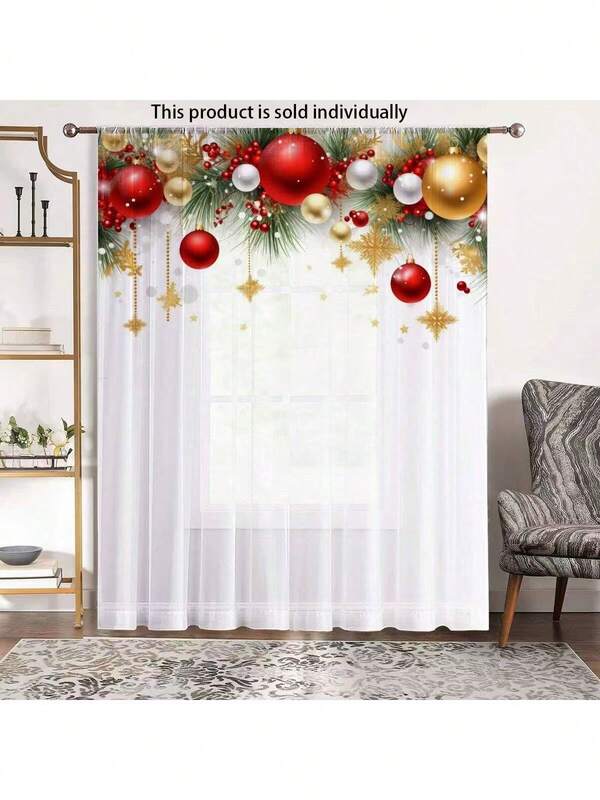 Cortina transparente de Natal com estampa 2D plana em vermelho, dourado e branco, estilo elegante e festivo, feita de fibra de poliéster, ideal para casas alugadas, salas de estar, cozinhas e quartos. Removível e lavável, perfeita para janelas pequenas.