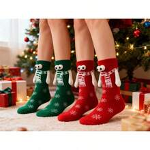 2 Pairs Of 3D Eyes Cartoon Christmas Socks With Magnetic Design- Cute Hand In Hand Mid-Calf Socks, Playful Holiday Socks, Hand Wash Care, Soft Fabric Socks, Novelty Christmas Wear, Christmas Enthusiasts, Gift Shoppers - Multicolor - View 8