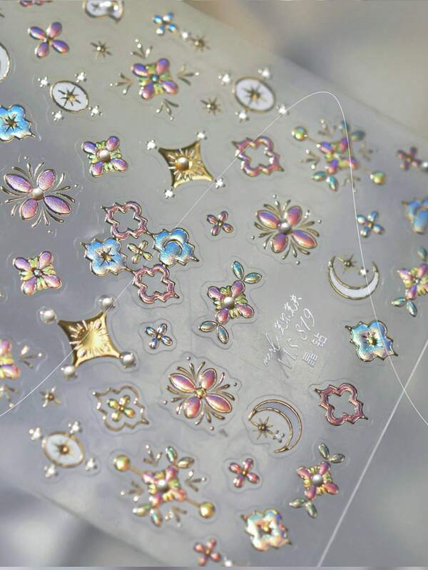 1pc New Chinese Decor Bohemian Pattern With Pearls Star Moon 5D Nail Art Stickers Fusion Chic Manicure Decals For Women Celestial Harmony Nail Stickers For Long Short Nails Self Adhesive Decoration