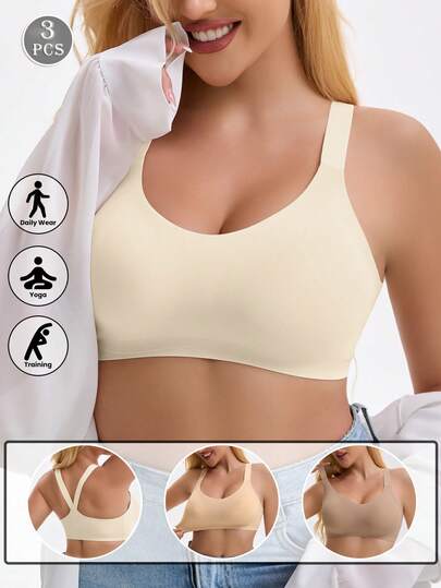 3件套女士休闲运动文胸，带可拆卸胸垫和无钢圈，性感露背设计
