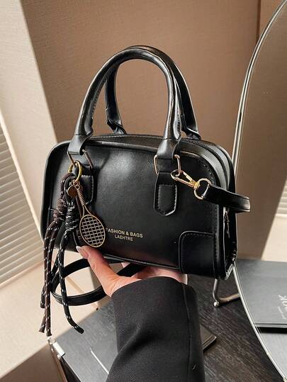 1pc Zipper Closure Women's Handbag, Solid Color PU Elegant Tote Bag, Retro Commuter Ladies Office Shoulder Bag, Fashion Versatile Pillow Crossbody Bag, Autumn/Winter New Soft Leather Bowling Bag, With Rope Pendant Strap, Suitable For Dating, Shopping, Office, Gift, Birthday, Daily Use