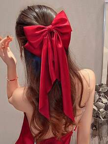 1 chiếc kẹp tóc nơ màu đỏ tía, kiểu dáng to bản với đuôi dài, thanh lịch, phụ kiện tóc cho bé gái và thanh thiếu niên, thích hợp sử dụng hàng ngày. - Màu Đỏ Sâu - Xem 3