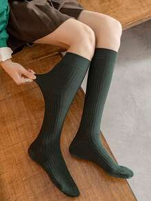 3 Pairs Women's Solid Color Vertical Striped Simple JK Style Over The Calf Socks, Cozy Socks
