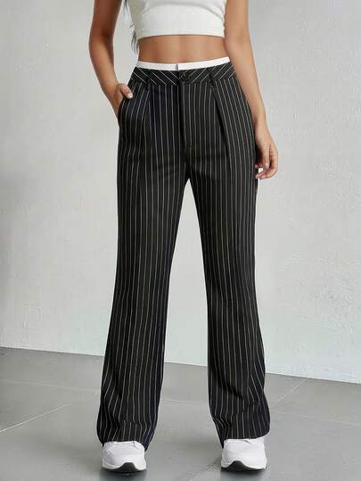 HOMEYEE Women's Striped Contrast Color Pocket Trousers, Button Closure Business Slim Fit Straight Leg Formal Office Pants