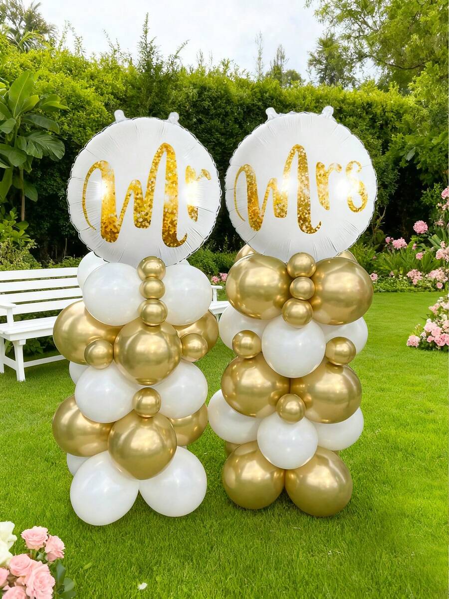 57pcs Gold Engagement Party Decorations - White And Gold Decor, Wedding Column Balloons, Mr & Mrs Balloons, Latex Balloons, Gold Engagement Rings - Gold Theme Engagement Decorations, Bridal Shower Bachelorette Party Decorations - Multicolor - View 1
