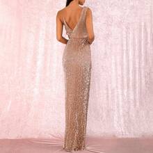 European And American New Style Dress Sexy Slit V-Neck One-Shoulder Sequin Party Evening Dress For Women - Vàng - Xem 4