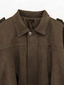 Plus Size Regular Length Jacket With Batwing Sleeves, Zipper And Silver Button Details, Pleated Hem, Women's Fashion Knit Fabric Long Sleeve Coat, Streetwear Style Comfortable Loose Fit Lightweight Jacket For Autumn - Brown - View 5