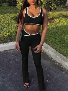 FQLWL Women's Summer Street Slim Fit Set, Solid Color Tank Top Paired With Pants Black - Black - View 4