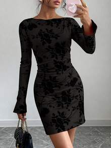 Women's Spring And Fall Fashion Floral Long Sleeve Mini Dress Mesh Bodycon Short Party Date Night Going Out Dresses Dhristmas New Years Valentine Vacation Dresses For Women - 黑色 - 查看 1