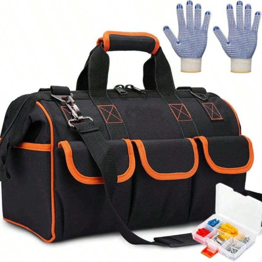 Bolsa de Herramientas Grande de 16 pulgadas para Hombres,Bolsa de Herramientas Resistente al Desgaste e Impermeable,Boca Ancha Superior,Con 14 Bolsillos y Tirantes Ajustables - Negro - Ver 1