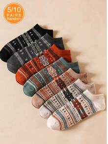 5/10 pares de calcetines de tobillo, calcetines de tripulación o calcetines invisibles a rayas vintage de colores aleatorios, adecuados para otoño/invierno - Multicolor - Ver 8