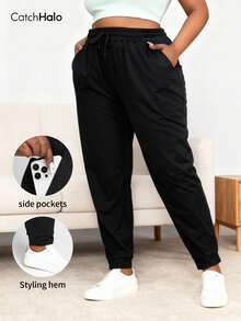 大码女式宽松抽绳腰带口袋运动裤，纯黑色，休闲运动风（2025秋冬瑜伽健身紧身裤） - 黑色 - 查看 2