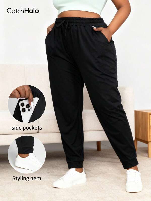 大码女式宽松抽绳腰带口袋运动裤，纯黑色，休闲运动风（2025秋冬瑜伽健身紧身裤）