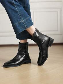 Damen Französischer Stil vielseitige Ankle Boots, modische Plateau-Absatz Stiefeletten mit Reißverschluss hinten, Herbst/Winter - Schwarz - Übersicht 2