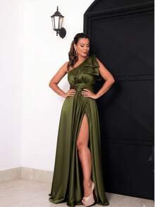 Elegance: Classic Charm In A Timeless One-Shoulder Dress* - Olive Green - View 6